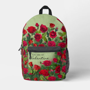 Mochila Impresa Jardín de Rosas Rojas de San Valentín con Texto Pe
