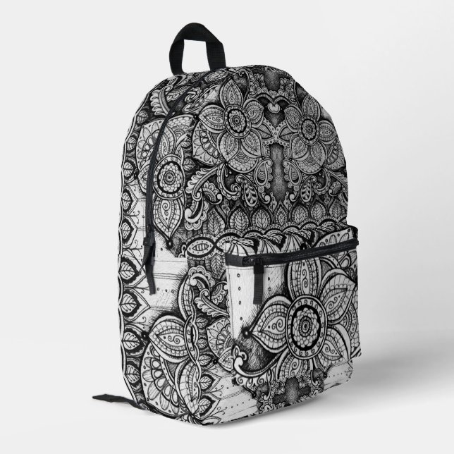 Mochila Impresa Jardín floral blanco y negro Boho Moda Paisley (Esquina izquierda trasera)