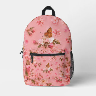 Mochila Impresa Jardín floral de mariposa rosa