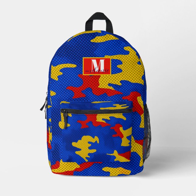 Mochila Impresa Kansas Blue Red Yellow Vibrant Camo Pattern (Anverso)
