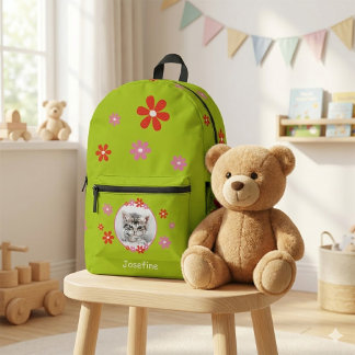 Mochila Impresa Kinderrucksack grün mit Foto - Blumen - rosa rot 