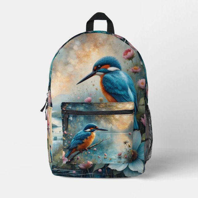 Mochila Impresa Kingfisher bird over water and Roses (Anverso)