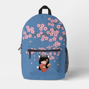 Mochila Impresa Kitsune Kokeshi Doll - Chica negro Fox Geisha