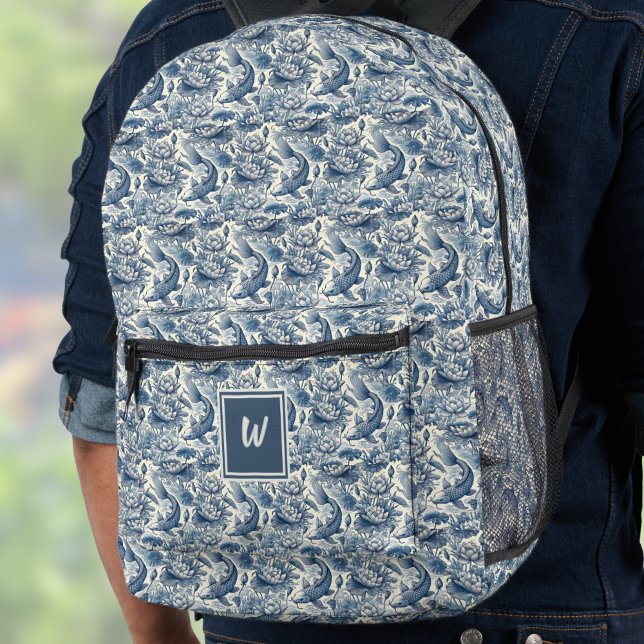 Mochila Impresa Koi Fish and Water Lily Blue Chinoiserie Monogram (Subido por el creador)