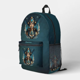 Mochila Impresa La diosa egipcia Isis en colores azules.
