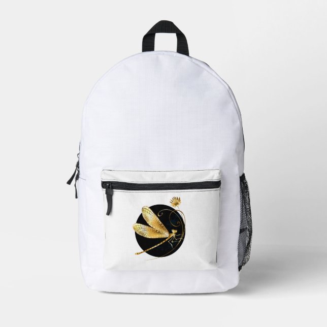 Mochila Impresa La libélula dorada en círculo negro (Anverso)