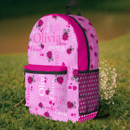 Mochila Impresa Ladybugs nombre personalizado por todo el rosa