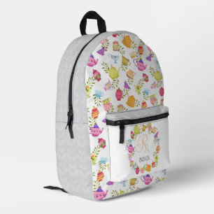 Mochila Impresa Láminas de té y tazas Monograma blanco gris