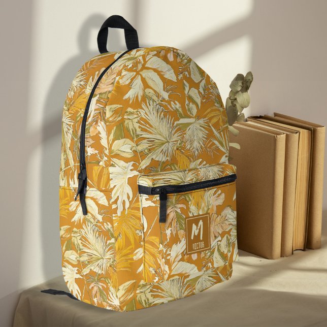 Mochila Impresa Leaf tropical único amarillo moderno personalizado (Unique modern tropical leaf yellow personalized printed backpack, back to school, student, travel)