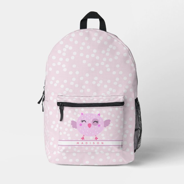 Mochila Impresa Lechuza Rosa Cuta - Niños Polkadots rosados y blan (Anverso)