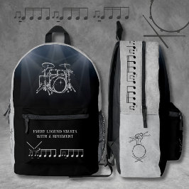 Mochila Impresa Legendario Baterista Música Rudimentaria Gris Negr