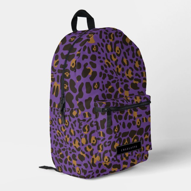 Mochila Impresa Leopard Jaguar Animal Print Purple Custom Name (Esquina izquierda trasera)