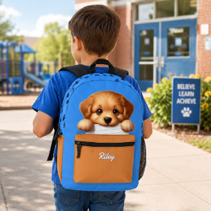 Mochila Impresa Lindo cachorro comiendo tarea azul y marrón