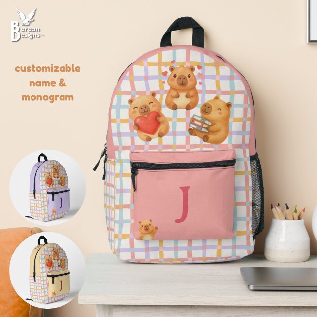 Mochila Impresa Lindo Capibara Rosa Coral Personalizado (Cute capybara backpack with customizable name and monogram. Great back to school gift. Other colors.)