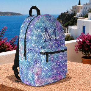 Mochila Impresa Lindo unicornio iridiscente azul púrpura brillo