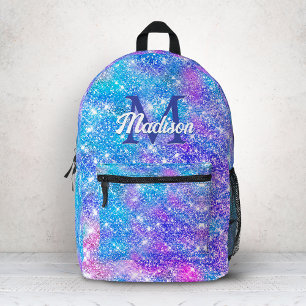 Mochila Impresa Lindo unicornio iridiscente azul púrpura brillo