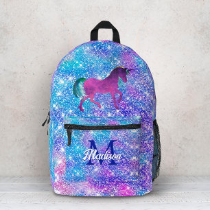 Mochila Impresa Lindo unicornio iridiscente azul púrpura brillo