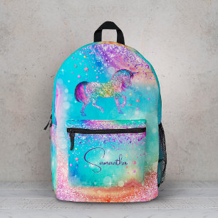 Mochila Impresa Lindo unicornio rosa Brillo arcoíris aqua monogram