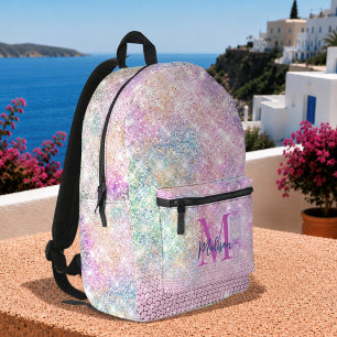 Mochila Impresa lindo unicornio rosa monograma de purpurina falsa 