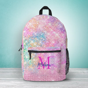 Mochila Impresa lindo unicornio rosa monograma de purpurina falsa