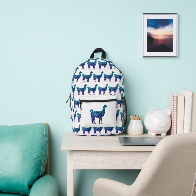 Mochila Impresa Llama aqua azul sombrío patrón blanco (in situ)