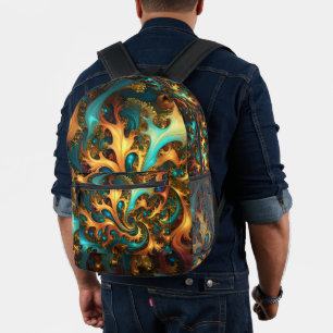 Mochila Impresa Llamas de Color: Danza Fractal Teal, Dorado, Naran