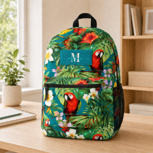 Mochila Impresa Loros Tropicales y Flores Monograma Personalizado