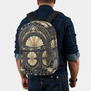 Mochila Impresa Loto Mandala Art Deco Azul Marino y Dorado Patrón