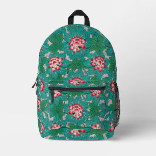 Mochila Impresa Lotos Chinos Rojos Rosados Verde Patrón