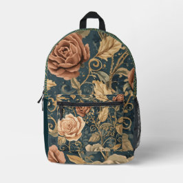 Mochila Impresa Lujo, Vintage, Jardín de Rosas, Fondo Azul