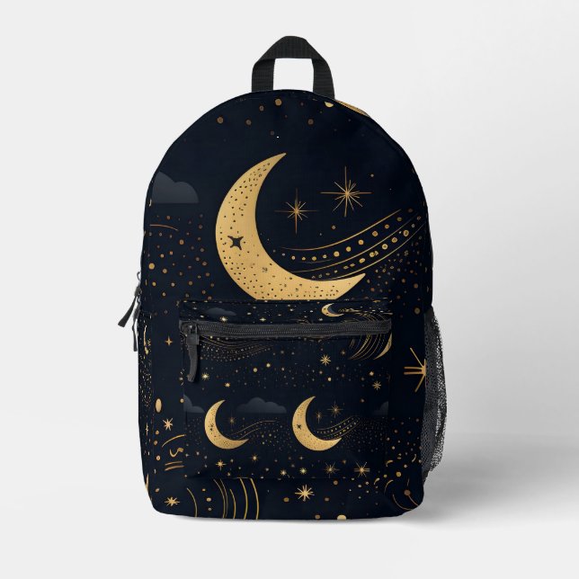 Mochila Impresa Luna creciente en negro y oro (Anverso)