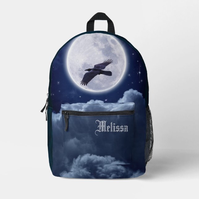 Mochila Impresa Luna llena sobre azul Ante con Raven (Anverso)