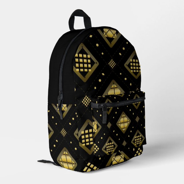 Mochila Impresa Luxury Gold Diamond Geometric Pattern on Black (Esquina izquierda trasera)
