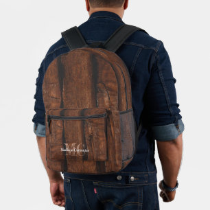 Mochila Impresa Madera vieja marrón oscuro rústica Monograma de ca