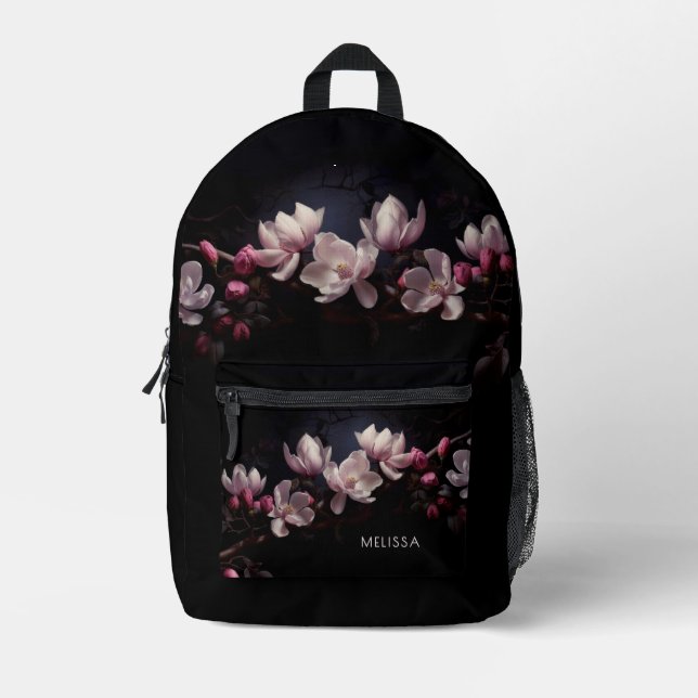 Mochila Impresa Magnolia 3D Fondo Negro (Anverso)