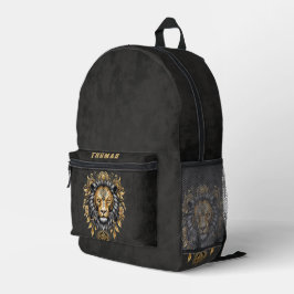 Mochila Impresa Majestuosa cabeza de león dorada con mané negro.