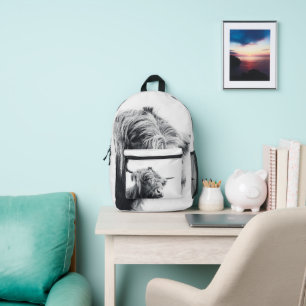 Mochila Impresa Majestuosa vaca Highland en blanco y negro