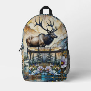 Mochila Impresa Majestuoso alce en valle montañoso floral