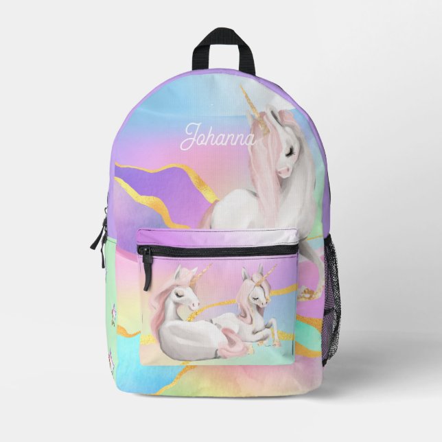 Mochila Impresa Mamá y bebés Unicornios por el nombre personalizad (Anverso)
