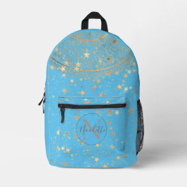 Mochila Impresa Mandala con estrellas de oro sobre turquesa person