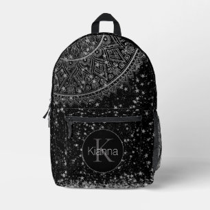 Mochila Impresa Mandala con estrellas de plata en negro personaliz