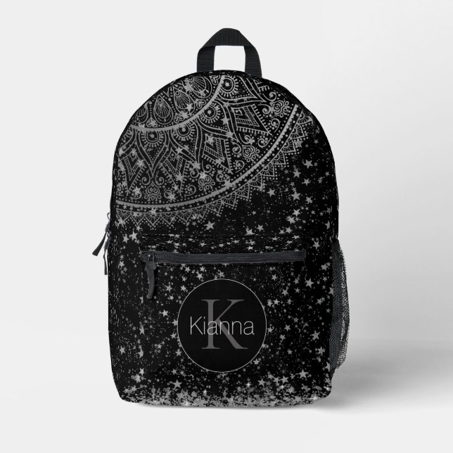 Mochila Impresa Mandala con estrellas de plata en negro personaliz (Anverso)
