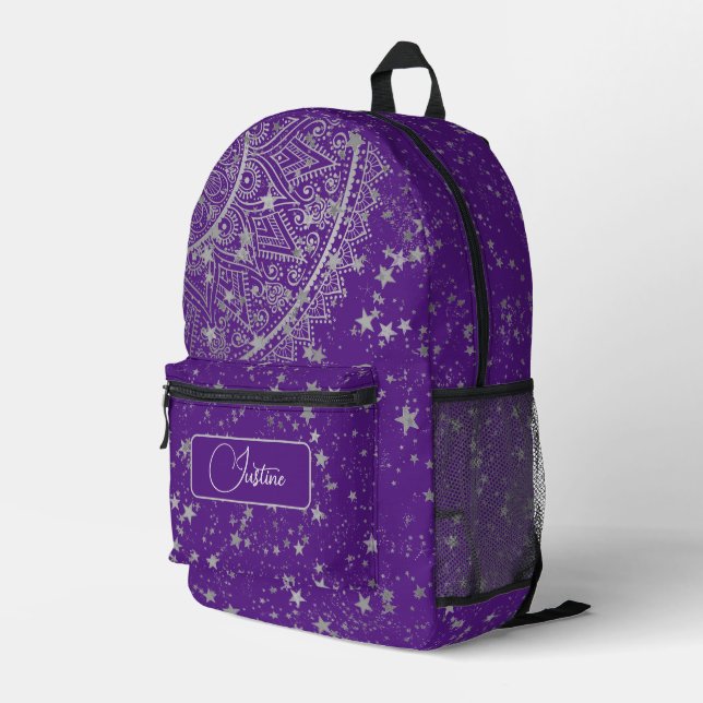 Mochila Impresa Mandala con estrellas de plata morado personalizad (Esquina derecha trasera )