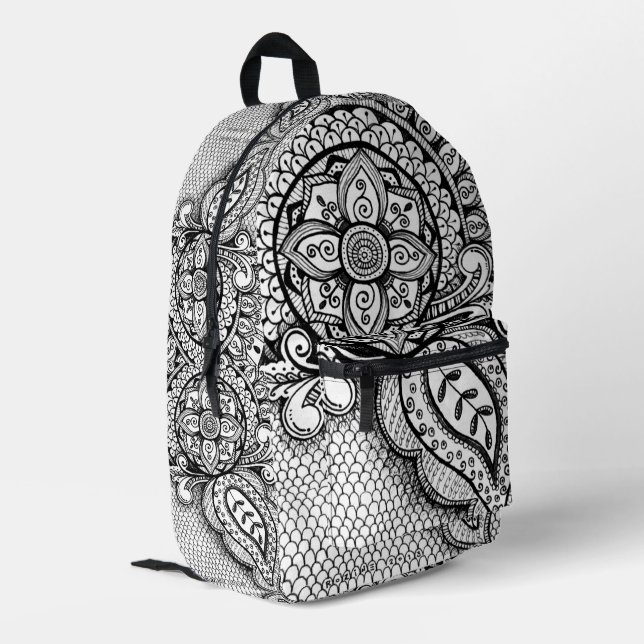 Mochila Impresa Mandalá de sirena en blanco y negro Boho Chic (Esquina izquierda trasera)