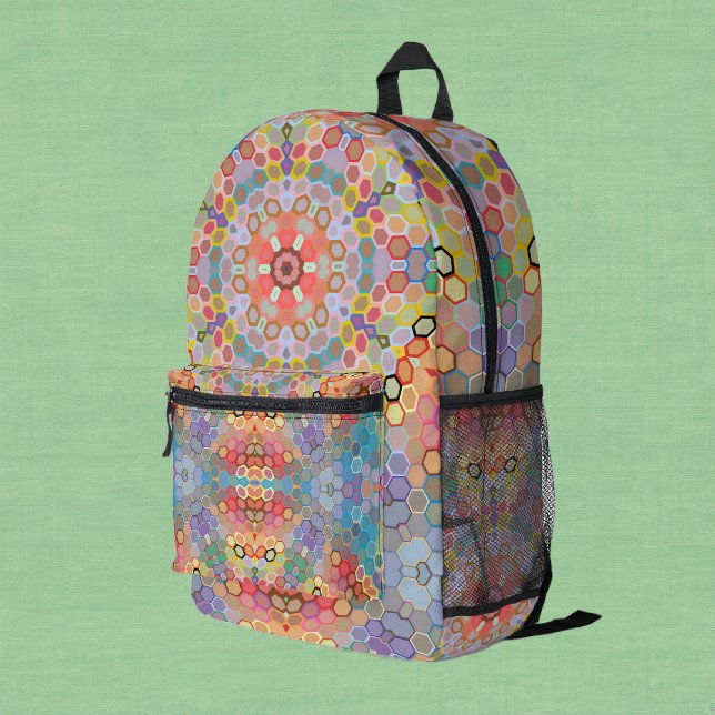 Mochila Impresa Mandalá Hexagonal Arcoíris (Rainbow Hexagon Mandala Backpack by Wormhole Orbital)
