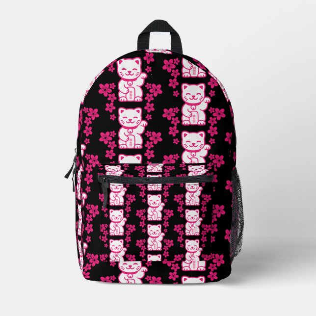 Mochila Impresa Maneki-neko japonés rosado (Anverso)