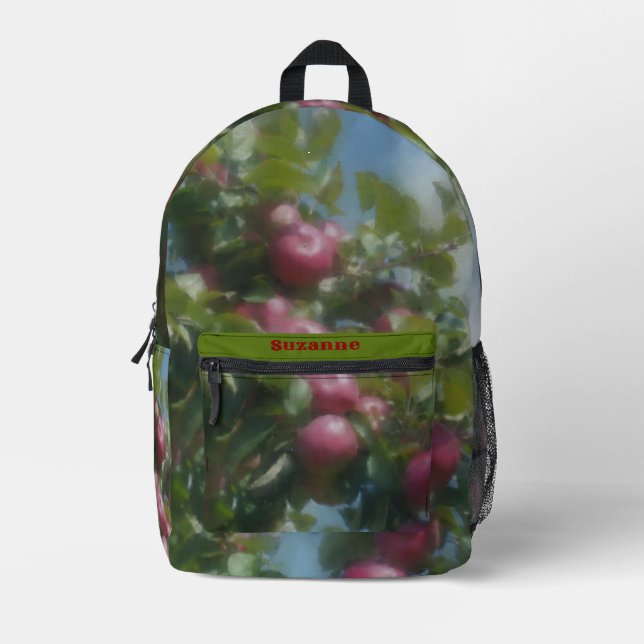 Mochila Impresa Manzanas rojas sobre pintura de árboles (Anverso)
