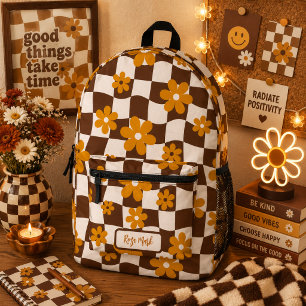 Mochila Impresa Margarita Marrón Groovy Floral Cuadro