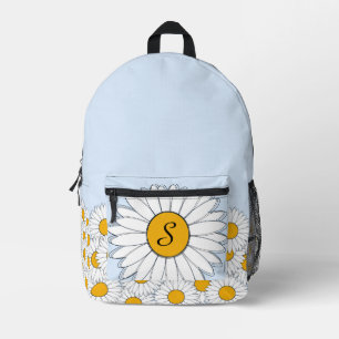 Mochila Impresa Margaritas blancas con monograma sobre azul polvo