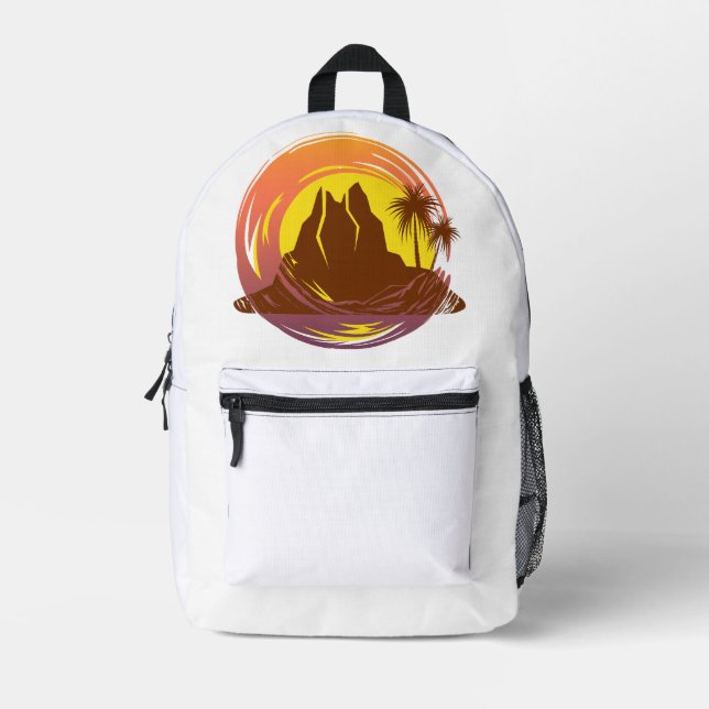 Mochila Impresa Margen con el paisaje volcánico tropical y palmera (Anverso)